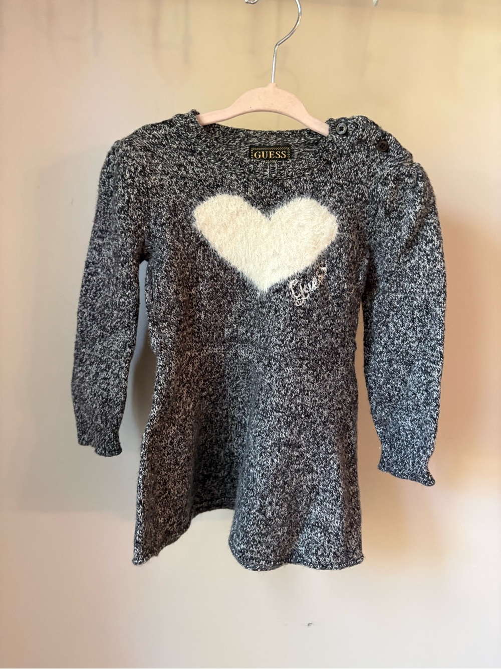 GUESS Grey Knit Crewneck Sweater with White Heart